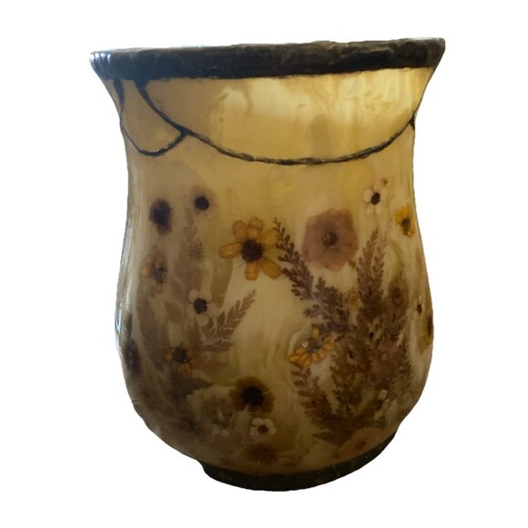 Vtg MCM Lucite Acrylic Honey Swirl Real Pressed Flowers Waste Basket Vase 10.5" - Picture 2 of 12